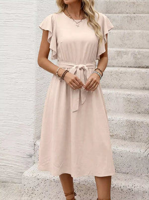 Beige midi dress with ruffled short sleeves, a tie waist, and button-down front.