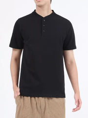 Black cotton henley t-shirt with button placket and short sleeves.