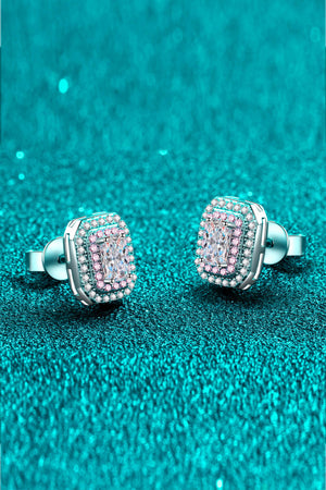 Radiant Emerald-Cut Halo Studs in silver with pink and clear accents.