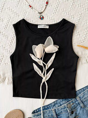 Black round neck tank top with floral applique and tie detail