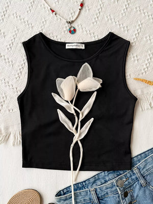 Black round neck tank top with floral applique and tie detail