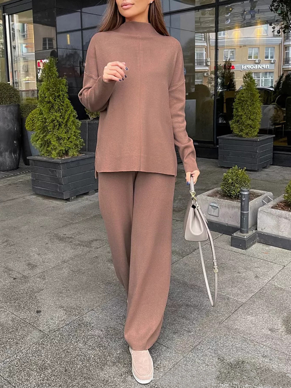 Relaxed fit knit co-ord set in Mocha, featuring a mock neck sweater and wide-leg pants.