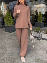 Relaxed fit knit co-ord set in Mocha, featuring a mock neck sweater and wide-leg pants.