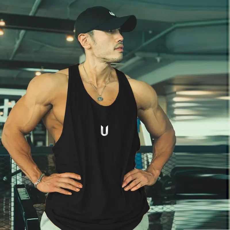 Black performance scoop neck tank top with white logo detail