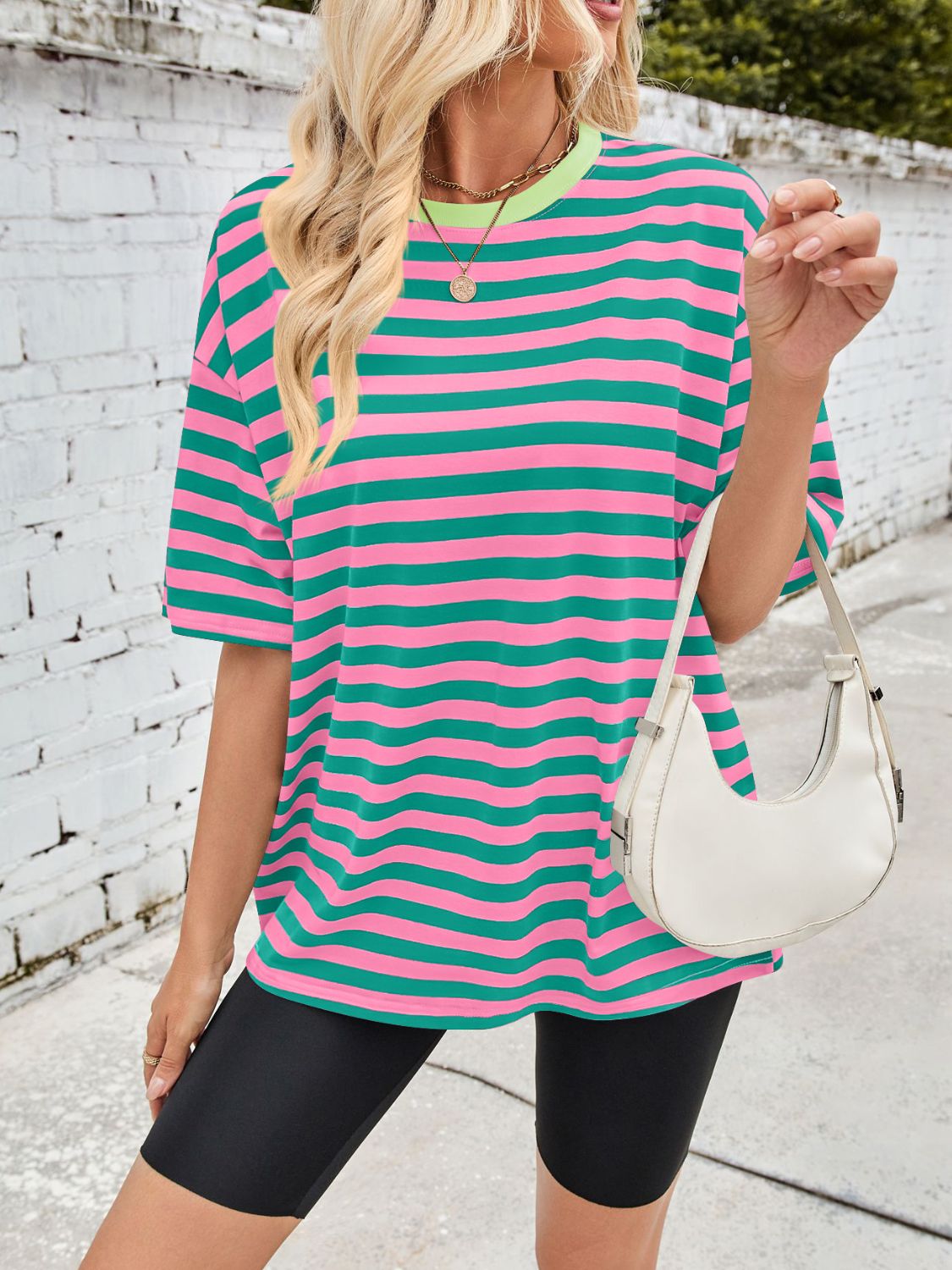 Wide stripe relaxed tee in pink and green with contrast neckline.