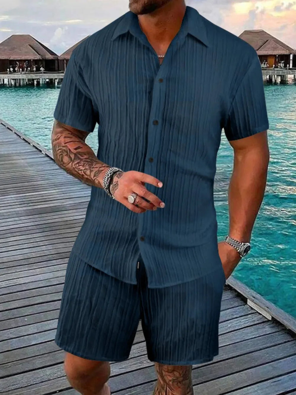 Textured pleated resort shirt and shorts set in Peacock Blue, buttoned short sleeve shirt and matching shorts.