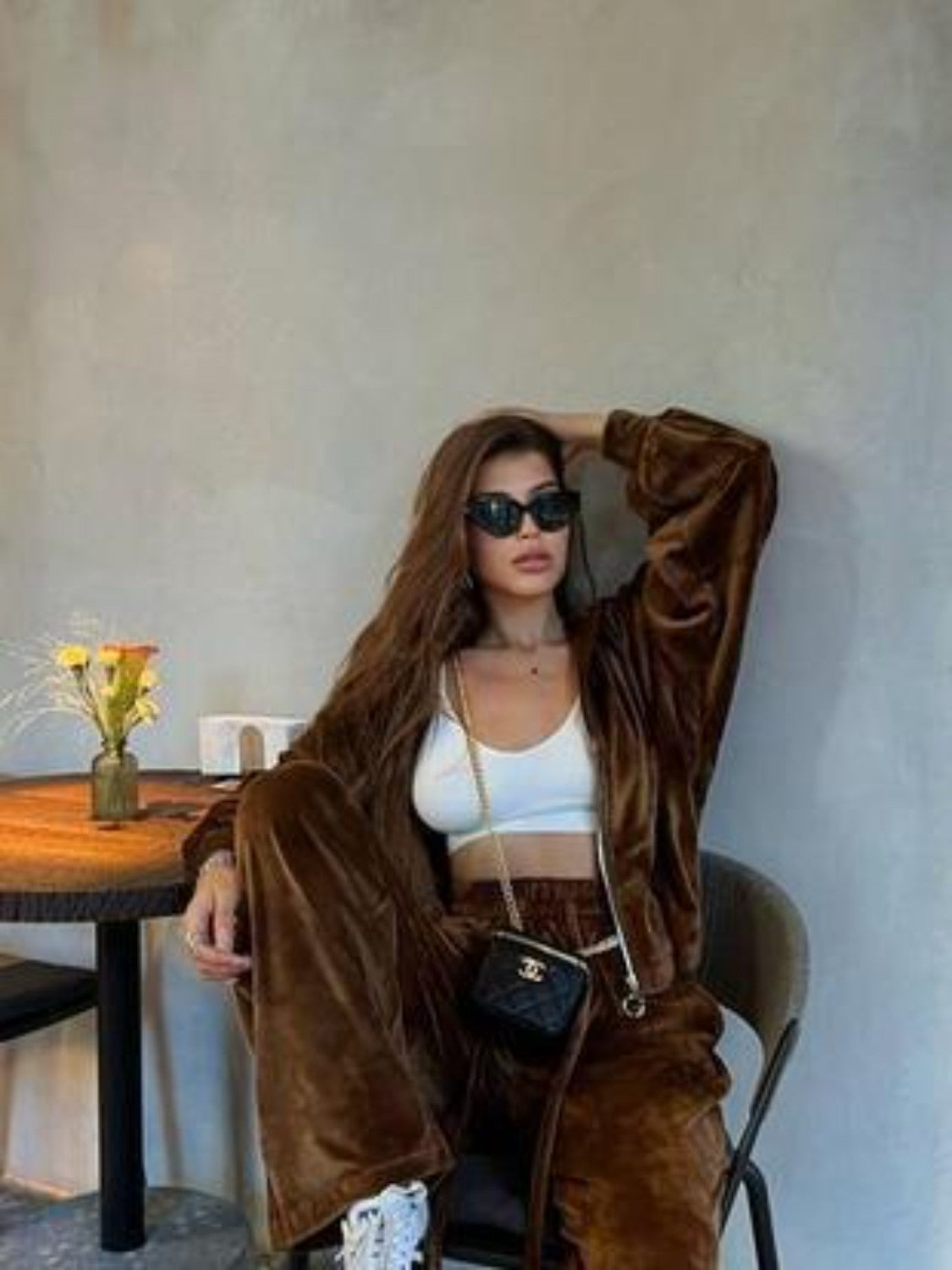 Plush velour lounge set in Chestnut, featuring wide leg pants and a zip-up jacket.