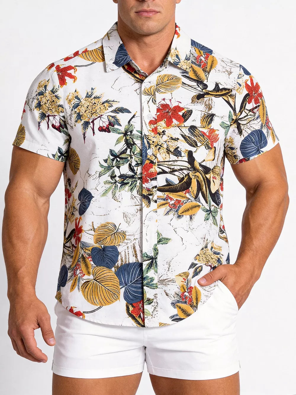 Button-down Graphic Short-sleeve Top in Camel, model styling view