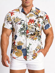 Button-down Graphic Short-sleeve Top in Camel, model styling view