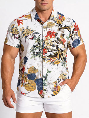Button-down Graphic Short-sleeve Top in Camel, model styling view