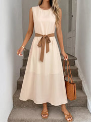 Cream A-line midi dress with pearl neckline and cinched waist tie, sleeveless, polyester