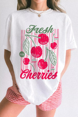 White oversized tee with vintage cherry graphic and pink stripes.