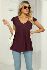 Ribbed wine v-neck flutter sleeve empire waist blouse