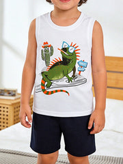 White cotton toddler tank top with lizard graphic and navy shorts.