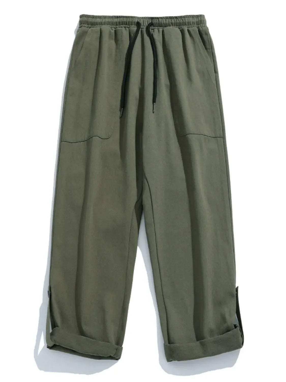 Army green relaxed fit cuffed cargo trousers with drawstring waist and cuffed hems