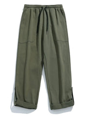 Army green relaxed fit cuffed cargo trousers with drawstring waist and cuffed hems