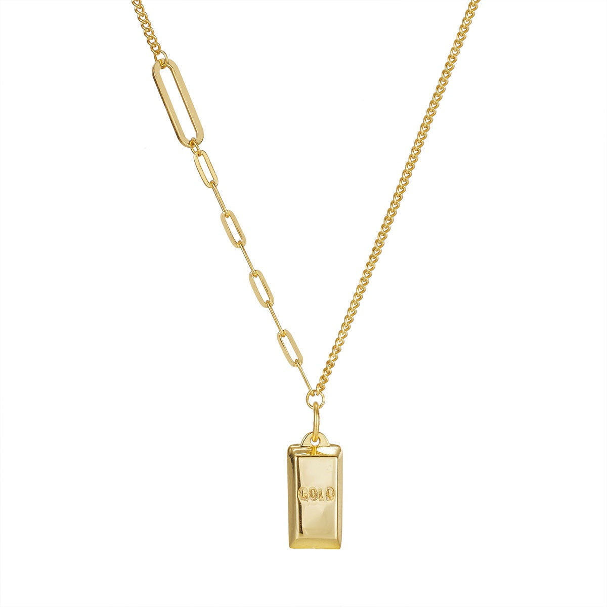 Gold-plated bar pendant necklace with mixed curb and paperclip chain links.