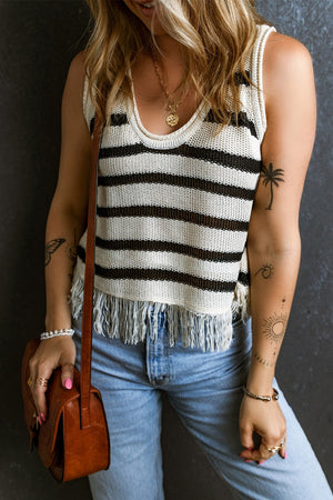 Striped knit tank top with fringe hem and scoop neck