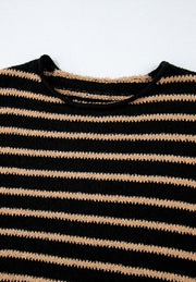 Black and tan horizontal stripe slouchy knit jumper with crew neck.