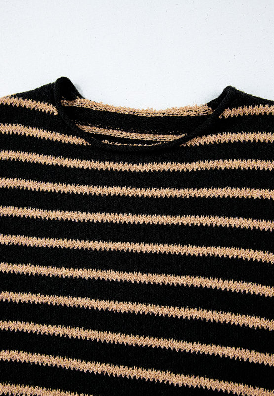 Black and tan horizontal stripe slouchy knit jumper with crew neck.