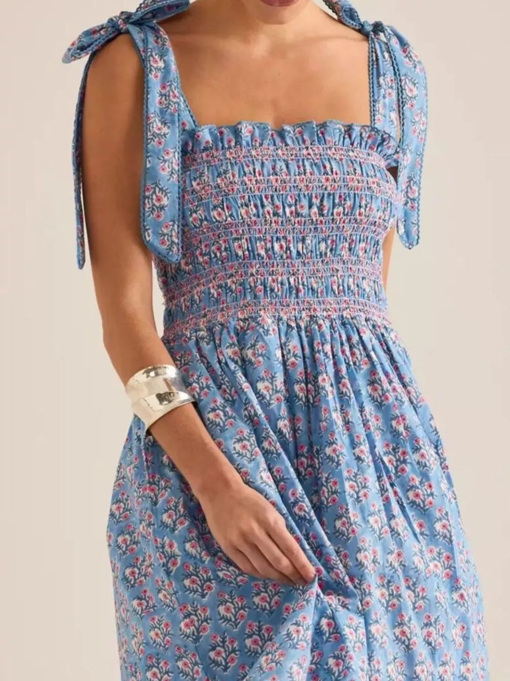 Sky blue floral midi dress with smocked bodice and tie shoulders