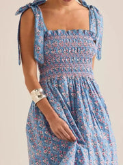Sky blue floral midi dress with smocked bodice and tie shoulders
