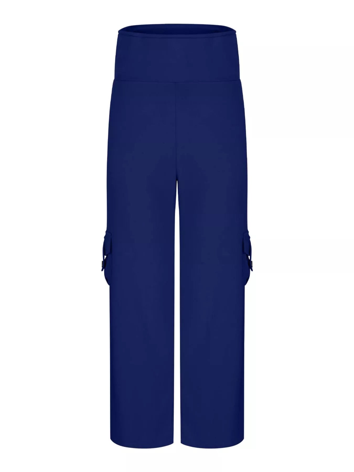 Blue pocketed high-waisted yoga pants with a flared silhouette and cargo pockets.