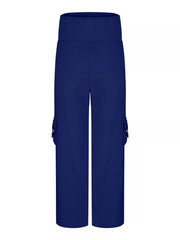 Blue pocketed high-waisted yoga pants with a flared silhouette and cargo pockets.