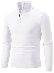 White slim fit quarter zip sweater with ribbed collar and cuffs