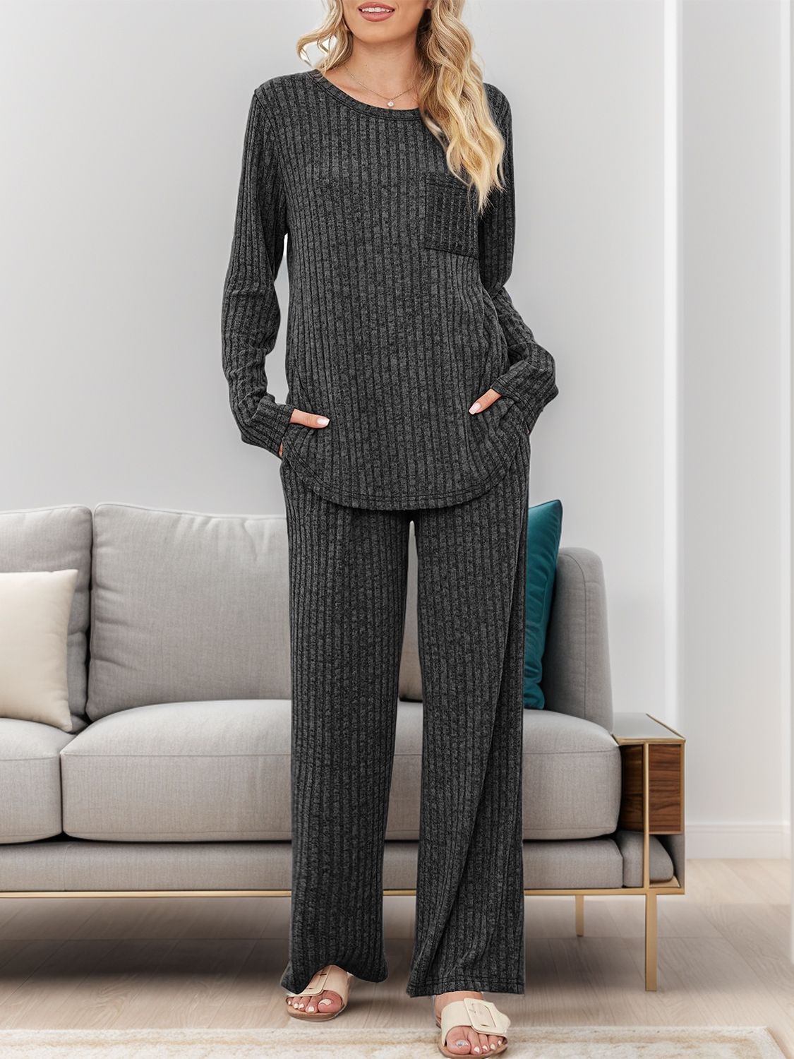 Dark Gray ribbed knit lounge set with long sleeves, crew neck, chest pocket, and wide leg pants.