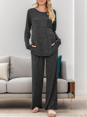 Dark Gray ribbed knit lounge set with long sleeves, crew neck, chest pocket, and wide leg pants.