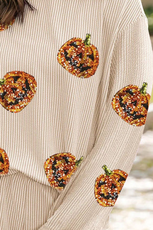 Tan striped loungewear top with sequin pumpkin details