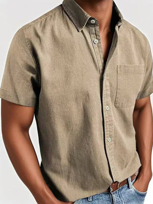 Men's short sleeve button-down shirt in camel with a chest pocket.