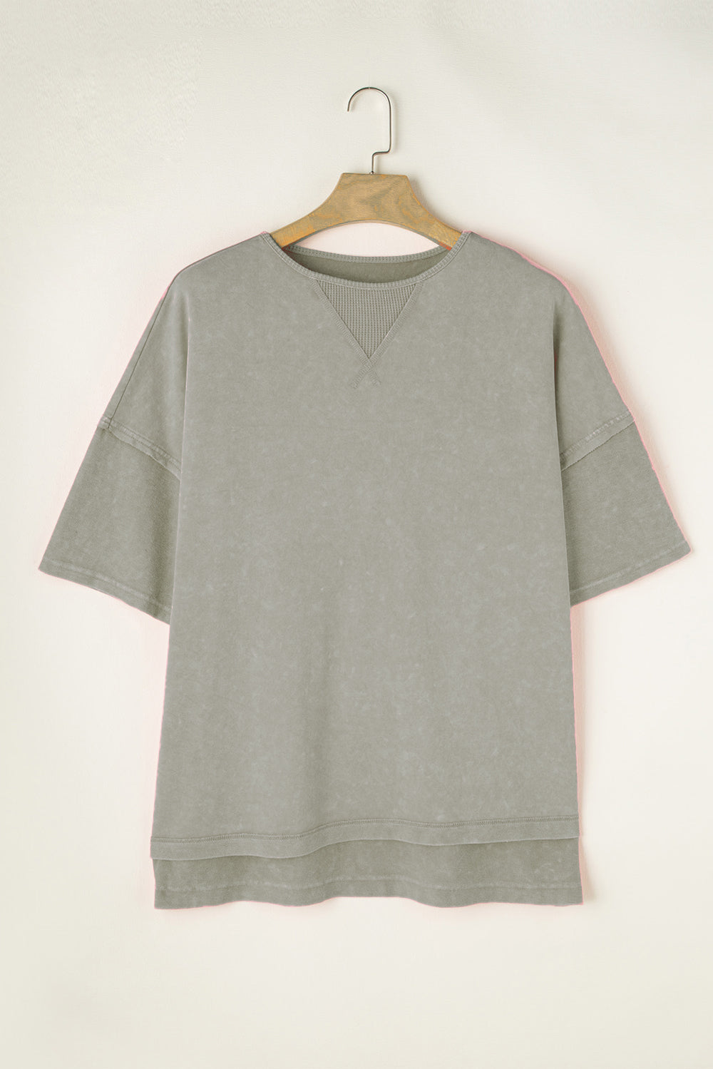 Gray acid wash t-shirt with layered sleeves and a ribbed V-neck detail