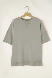 Gray acid wash t-shirt with layered sleeves and a ribbed V-neck detail