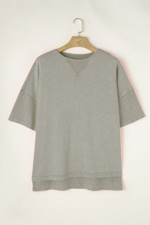 Gray acid wash t-shirt with layered sleeves and a ribbed V-neck detail