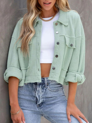 Waffle knit cropped utility jacket in Gum Leaf green with button front and chest pockets.
