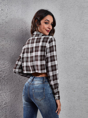 Cropped plaid shirt jacket in mocha with buttoned front and collar.