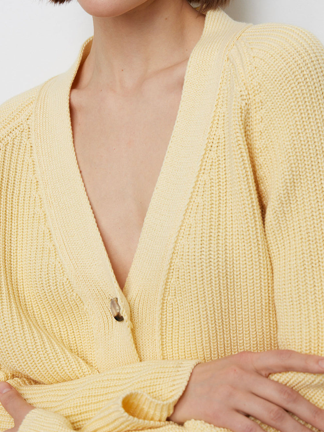 Yellow ribbed raglan cardigan with deep V-neck and button closure