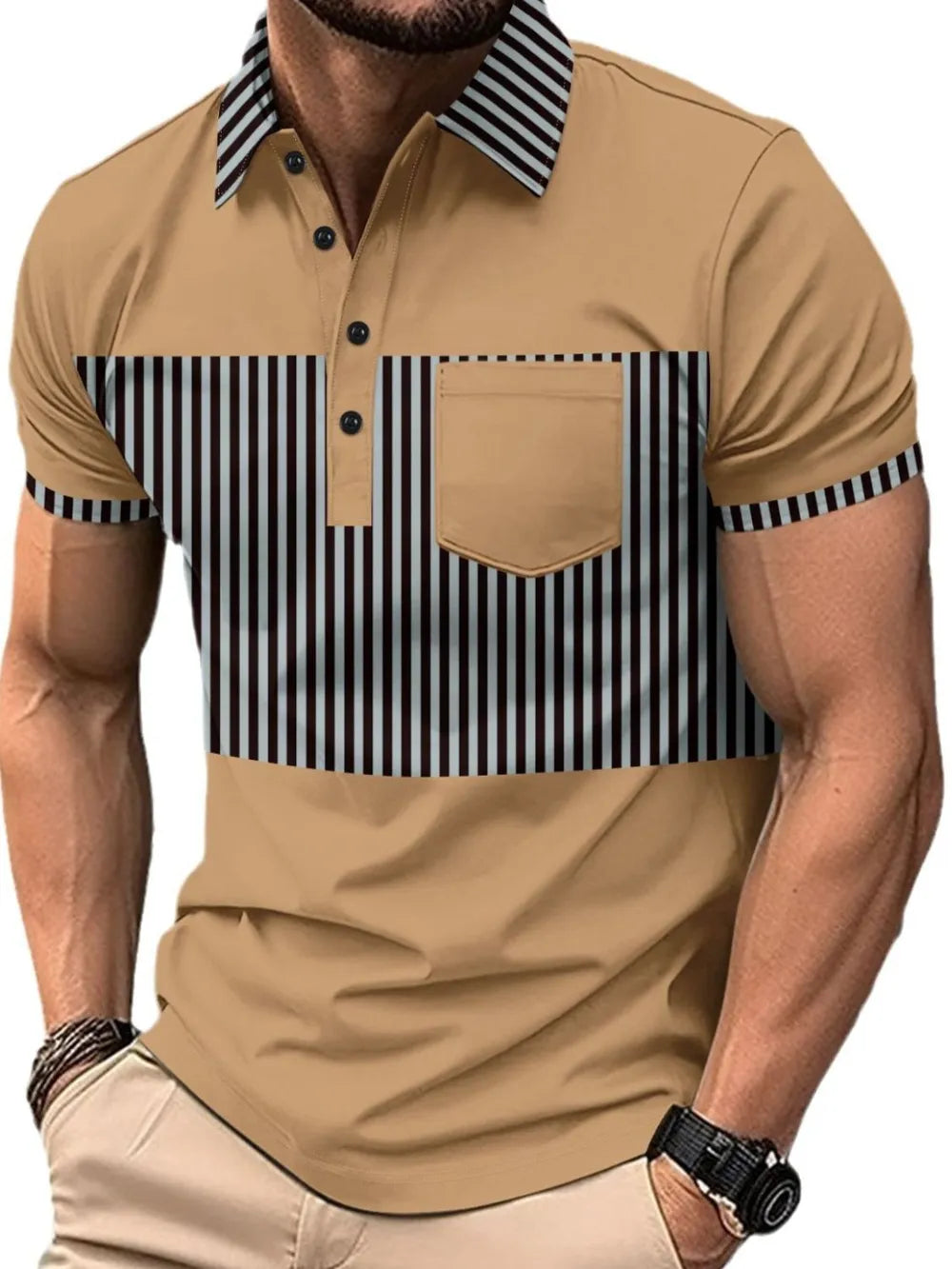 Camel polo shirt with vertical stripe panels on chest and sleeves, and a chest pocket.
