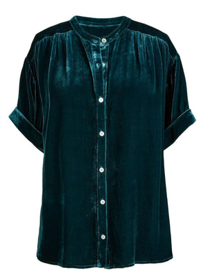 Dark Green velvet button-down blouse with mandarin collar and cuffed short sleeves.