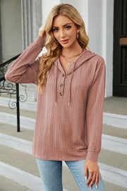 Textured henley hooded knit top in dusty pink with button detail and drawstring hood
