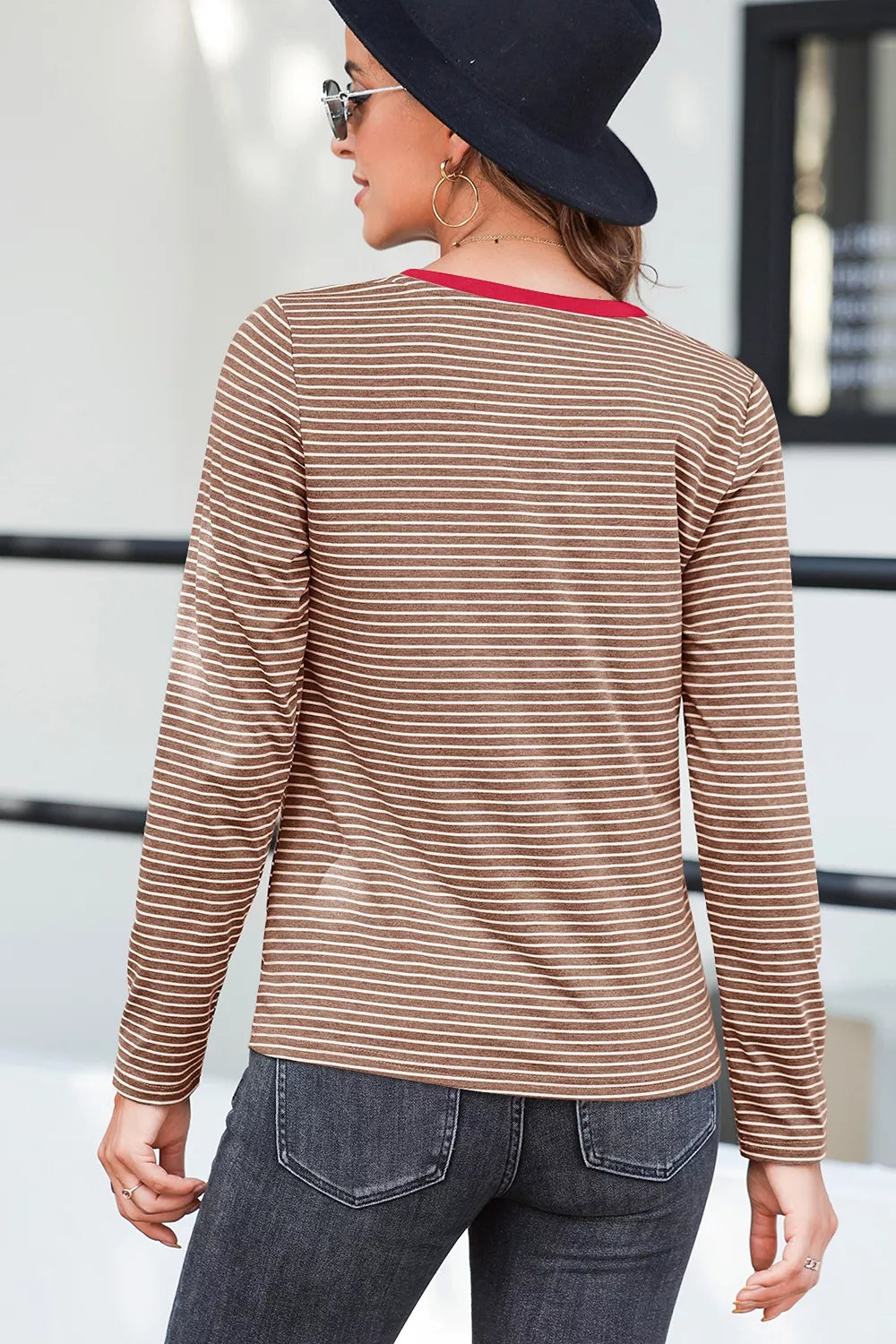 Stripe V Neck Stretchy Long Sleeve Top in Sage, model styling view