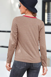 Stripe V Neck Stretchy Long Sleeve Top in Sage, model styling view