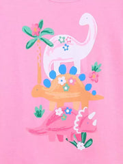 Pink cotton t-shirt with a charming dinosaur print featuring a white long-neck, orange stegosaurus, and pink triceratops.