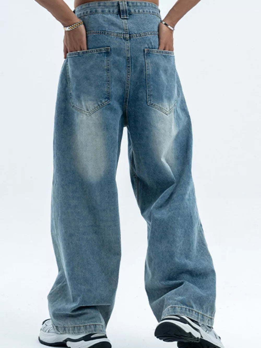 Men S Vintage Wash Wide Leg Jeans in Blue, close-up detail