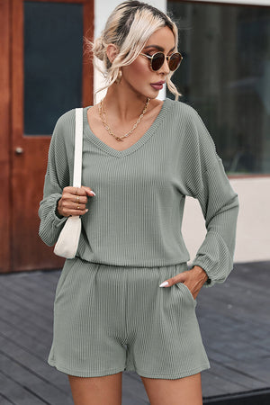 Sage ribbed v-neck long sleeve top and shorts set with elastic waist