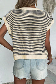 Sleeveless knit tank top in cream with black stripes, acrylic material, crew neck.