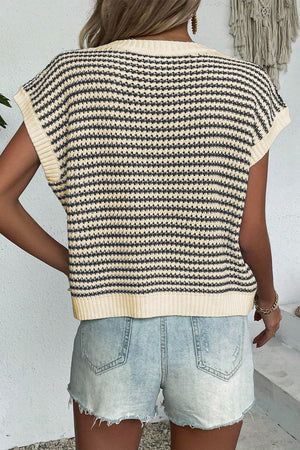 Sleeveless knit tank top in cream with black stripes, acrylic material, crew neck.