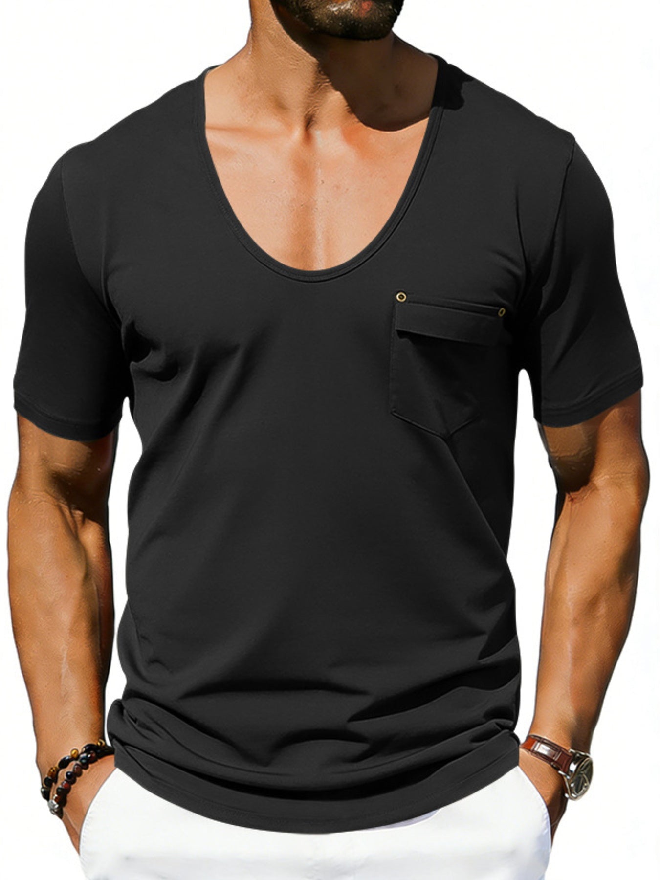 Black cotton blend tee with scoop neck and chest pocket